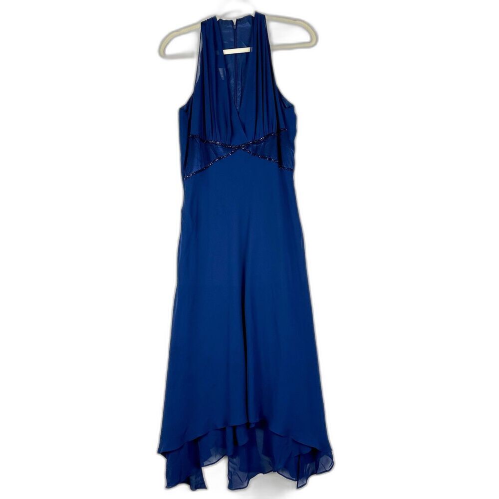 Vintage Donna Morgan Silk Beaded Midi Dress Size 10 Y2K Whimsigoth Fairy Blue